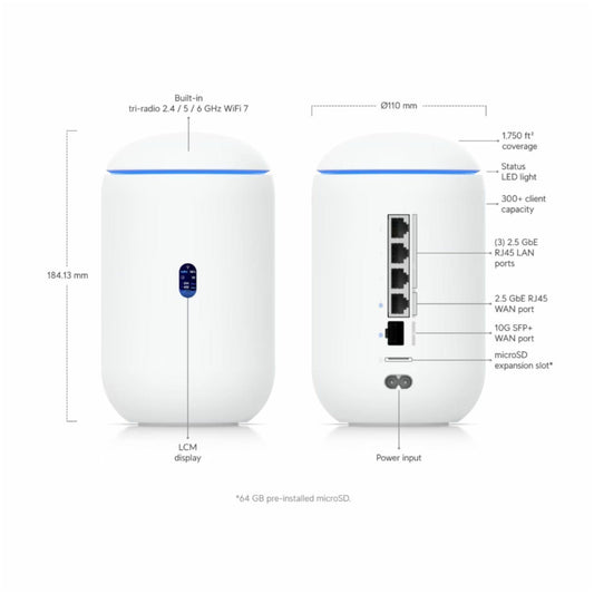 Usmerjevalnik brezžični Ubiquiti UniFi Dream Router 7 WiFi7 802.11be 5700Mbit/s 4xLAN+WAN+SFP (UDR7-EU)