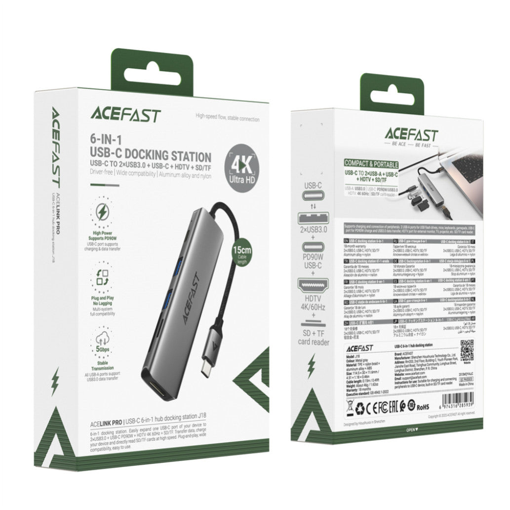 Priklopna postaja USB-C => Acefast J18 HDMI 2xUSB3.0 USB-C 90W micro čitalec kartic SD/microSD (J18)