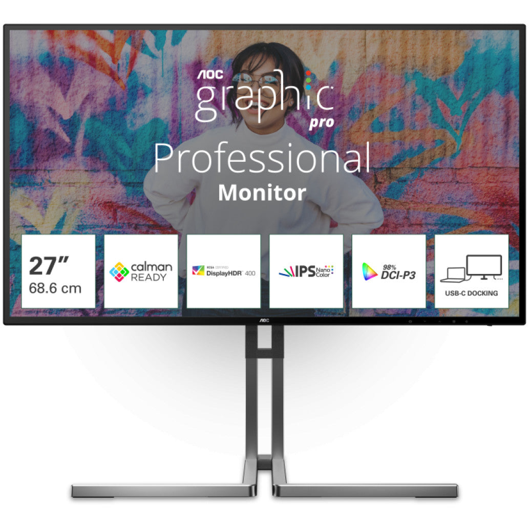Monitor AOC 68,6 cm (27,0") U27U3CV 3840x2160 Nano-IPS 4ms 2xHDMI DisplayPort USB-C 96W 4xUSB3.2 USB-C-Out Pivot Zvočniki 2x3W  DCI-P3-98% RJ45 KVM HDR400