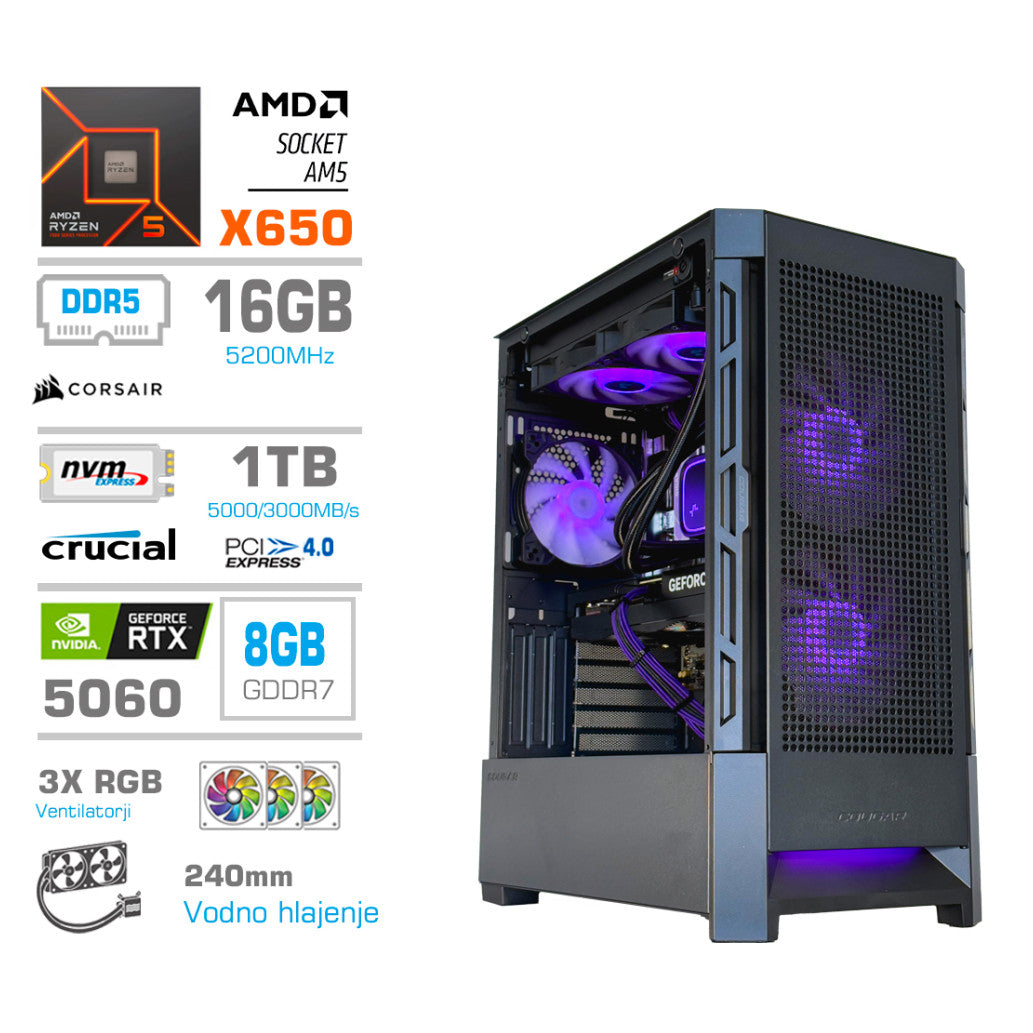 Računalnik MEGA MT S8 R5-9600X/RTX5060/16GB-DDR5/1TB/750W/Brez OS/črna RGB + Estetski napajalni kabli [Vijolična / Črna]