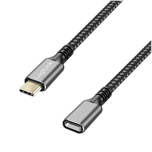 Kabel USB-C(m) => USB-C(ž) 3.2 Gen2 podaljšek najlon ovoj 1,0m 100W 5A/20V 10Gbps črn/siv LogiLink (CUA0108)