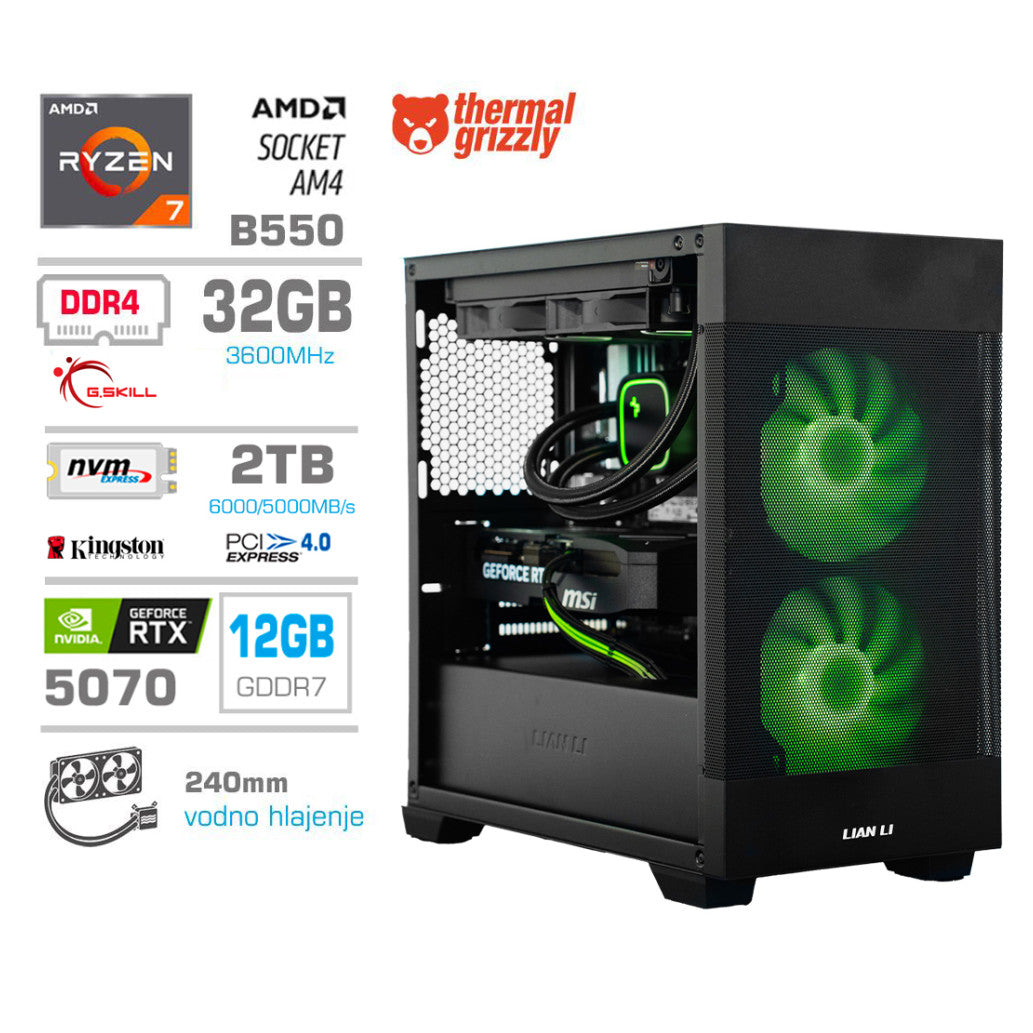 Računalnik MEGA MT S7X R7-5800X/RTX5070/32GB/2TB-4.0/750W/Brez OS/črna RGB + Estetski napajalni kabli [Zelena / Črna]