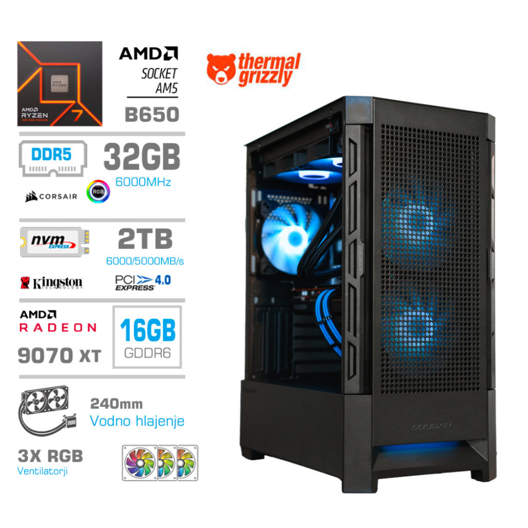 Računalnik MEGA MT S8 R7-7700X/RX9070 XT/32GB-DDR5/2TB-4.0/750W/Brez OS/črna RGB + Estetski napajalni kabli [Modra / Črna]
