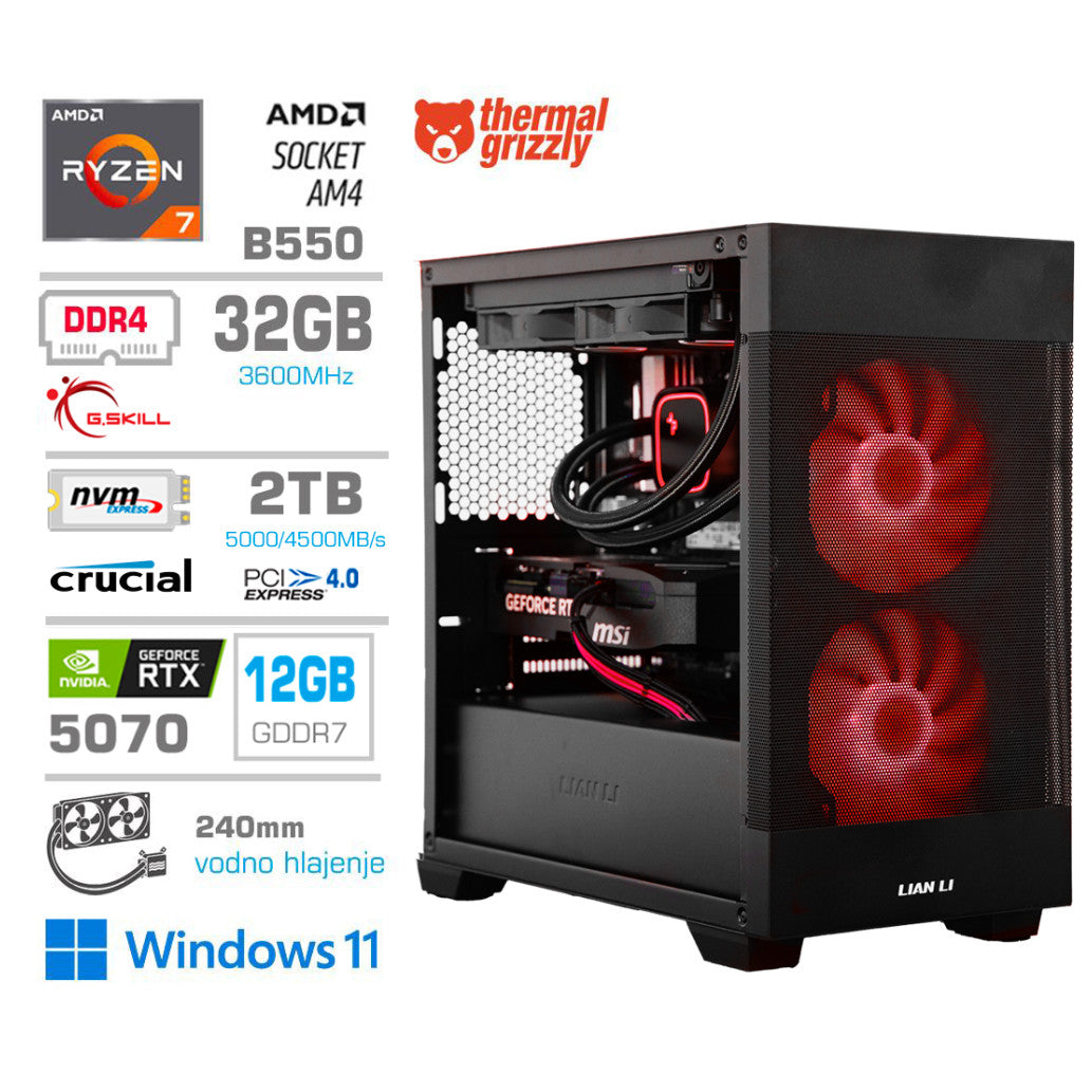 Računalnik MEGA MT S7X R7-5800X/RTX5070/32GB/2TB-4.0/750W/Win11Home/črna RGB + Estetski napajalni kabli [Rdeča / Črna]
