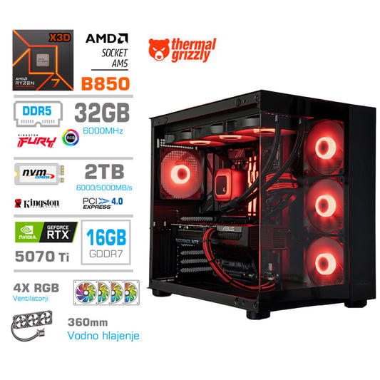 Računalnik MEGA MT S5 R7-7800X3D/RTX5070Ti/32GB-DDR5/2TB-4.0/750W/Brez OS/črna RGB + Estetski napajalni kabli [Rdeča / Črna)