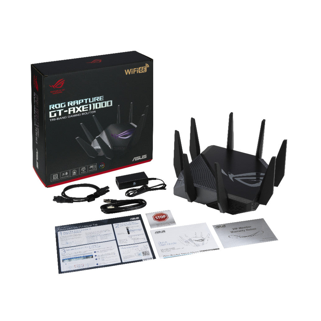 Usmerjevalnik brezžični Asus ROG Rapture GT-AXE11000 WiFi6E 802.11ax AX11000 4804Mbit/s 5G MESH OFDMA triband 1xLAN/WAN2,5GB 4xLAN 8x antena (90IG06E0-MO1R00)