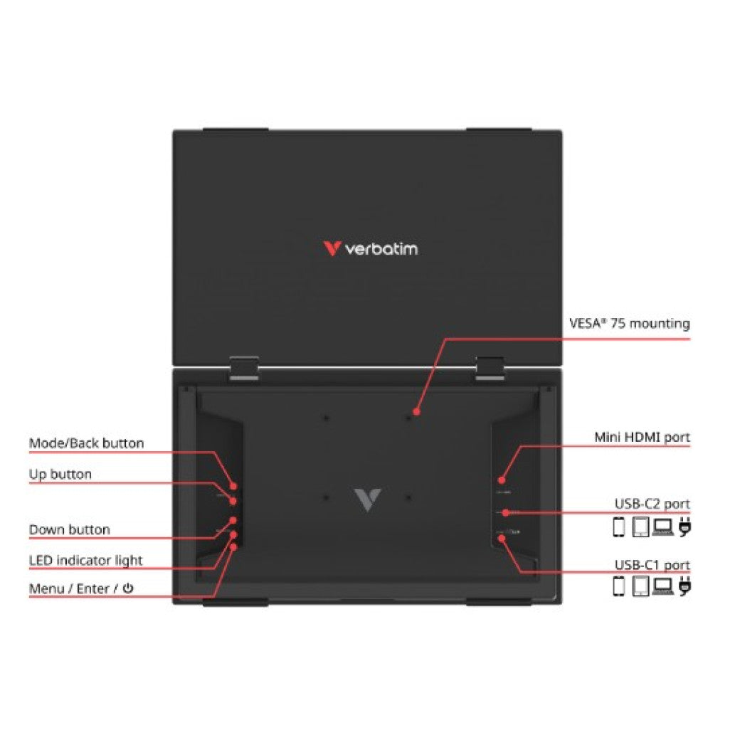 Prenosni monitor Verbatim 39,6 cm (15,6") Dual Essentials 1920x1080  60Hz IPS 10ms Mini-HDMI USB-C-Out Zvočniki 2x1W  NTSC45%