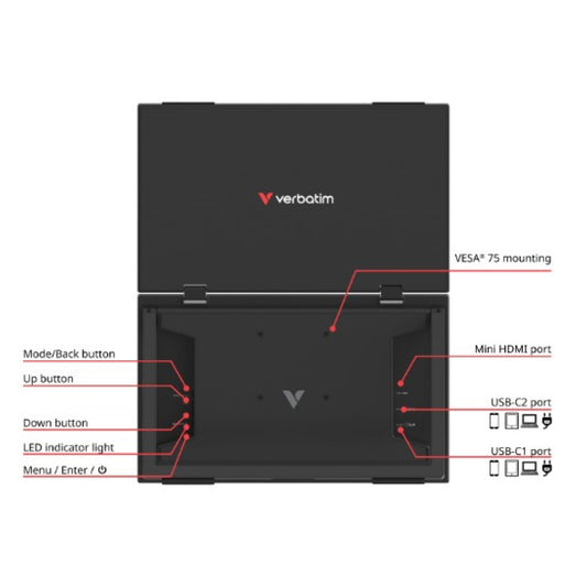 Prenosni monitor Verbatim 39,6 cm (15,6") Dual Essentials 1920x1080  60Hz IPS 10ms Mini-HDMI USB-C-Out Zvočniki 2x1W  NTSC45%