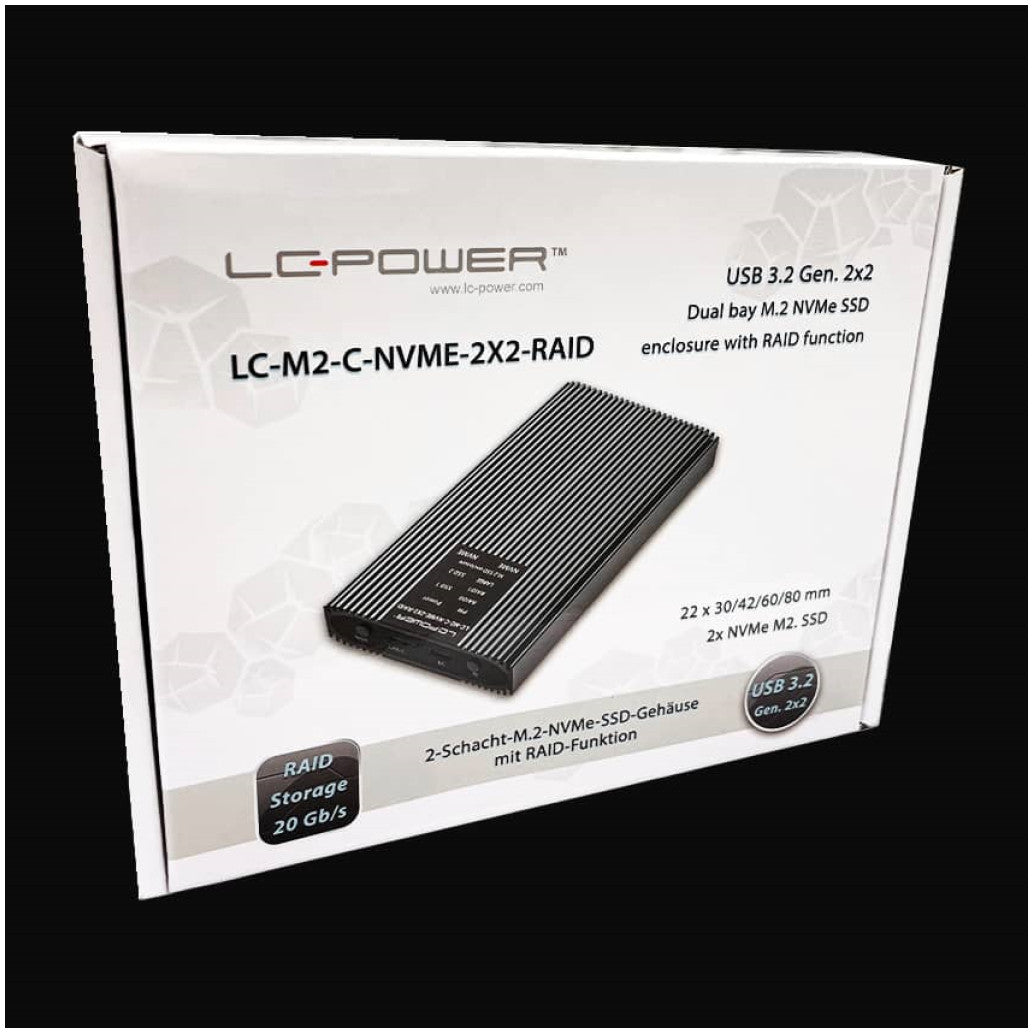 Ohišje za SSD disk M.2 => USB-C PCIe NVMe USB 3.2 Gen2 RAID 0/1 aluminij LC-Power (LC-M2-C-NVME-2X2-RAID)