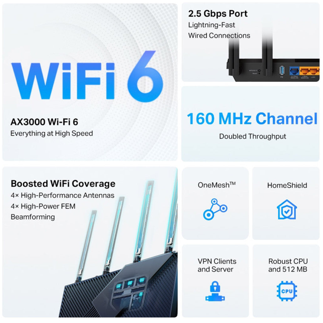 Usmerjevalnik TP-Link WiFi 6 AX3000 2402Mbit/s 3xLAN+2xWAN 4x antena (Archer AX55 Pro)