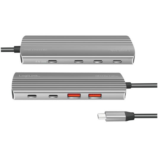 HUB USB-C => 2xUSB3.2 Gen2 tip A in 5xUSB-C3.2 Gen2 PD3.0 100W 10Gbps 20cm ALU ohišje space gray Logilink (UA0414)