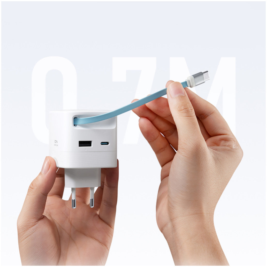 Hišni polnilec 100-240V => 1x USB-C 1x USB-A AD653W 67W GaN z izvlečnim 70cm USB-C kablom Cektech bel (AD653W)