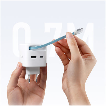 Hišni polnilec 100-240V => 1x USB-C 1x USB-A AD653W 67W GaN z izvlečnim 70cm USB-C kablom Cektech bel (AD653W)