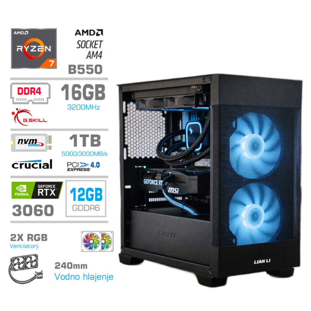 Računalnik MEGA MT S7X R7-5700X/RTX3060/16GB/1TB/750W/Brez OS/rumena črna RGB + Estetski napajalni kabli [Modra / Črna]