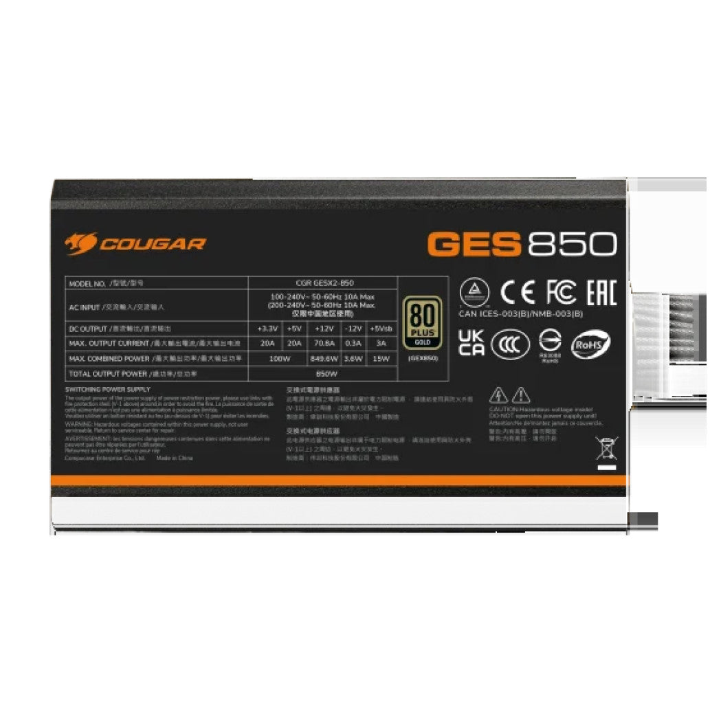Napajalnik - 850W Cougar GES Gold 80Plus Gold 91% ATX 3.1 (Gen5) 120mm črna (CGR GES-850)