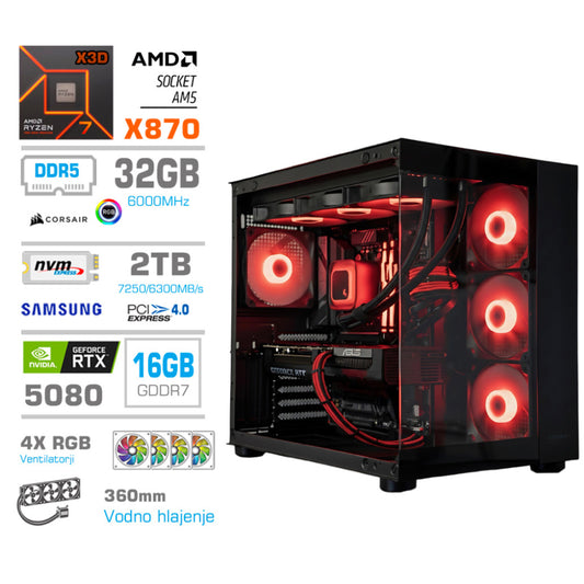 Računalnik MEGA MT S5 R7-7800X3D/RTX5080/32GB-DDR5/2TB/1050W/Brez OS/črna RGB + Estetski napajalni kabli [Rdeča / Črna]