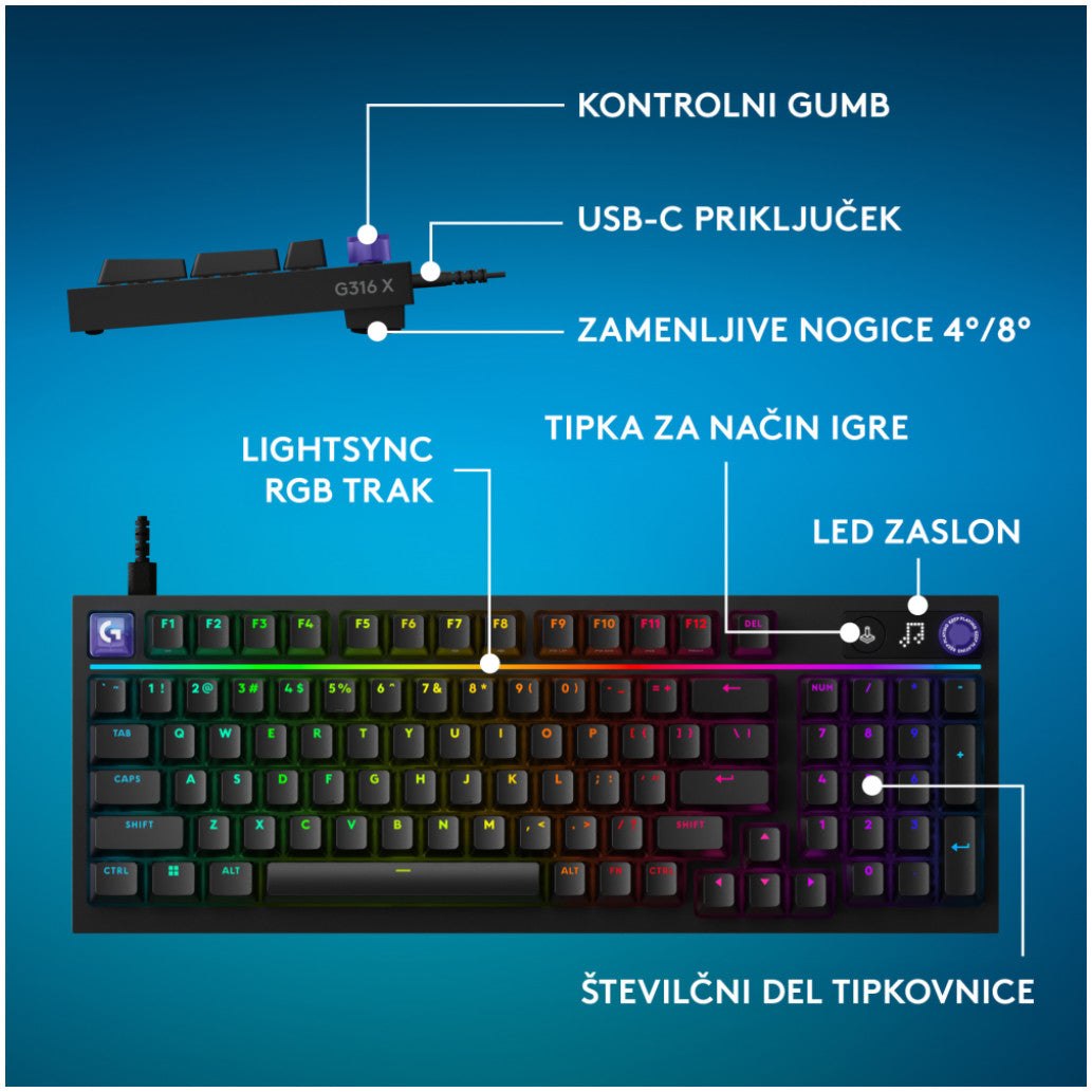 Gaming Tipkovnica Žična Logitech G316 X 98 | SLO gravura črna RGB (920-014201)