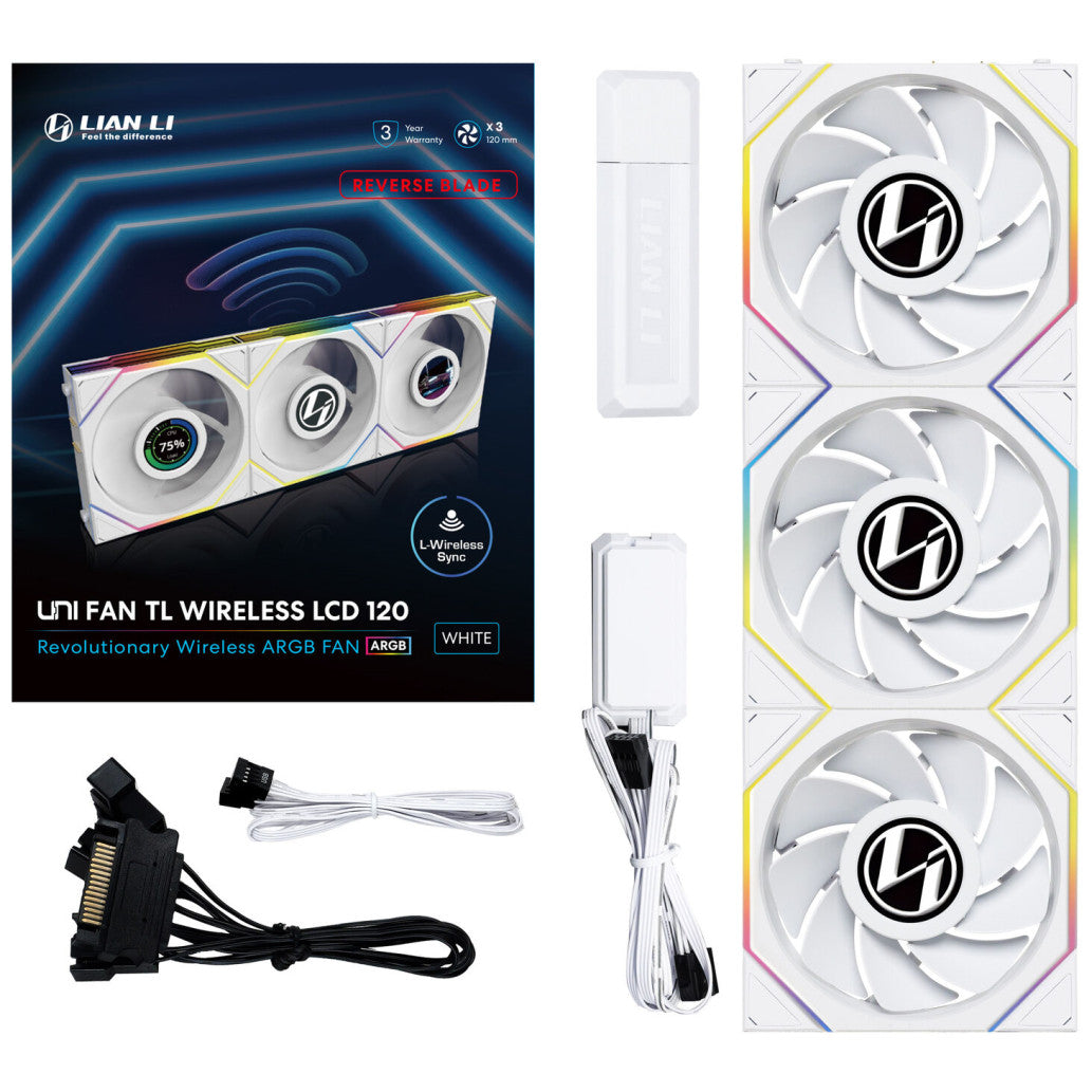 Ventilator Lian-Li UNI FAN TL Wireless LCD 120mm bela ARGB (Reverse Blade 3 pack + kontroler)