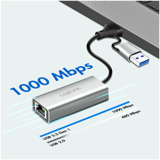 Mrežni adapter USB-C/A => LAN RJ45 10/100/1000 Logilink (UA0238B)