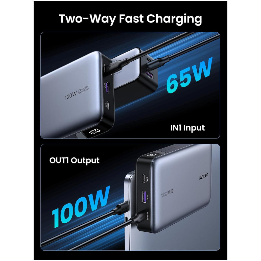 Prenosna baterija Ugreen 20000mAh 100W PD 1x USB-A 2x USB-C črna (25188)