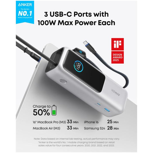 Prenosna baterija Anker Powerbank 25000mAh 165W PD 1x USB-A 3x USB-C srebrna (A1695H41)