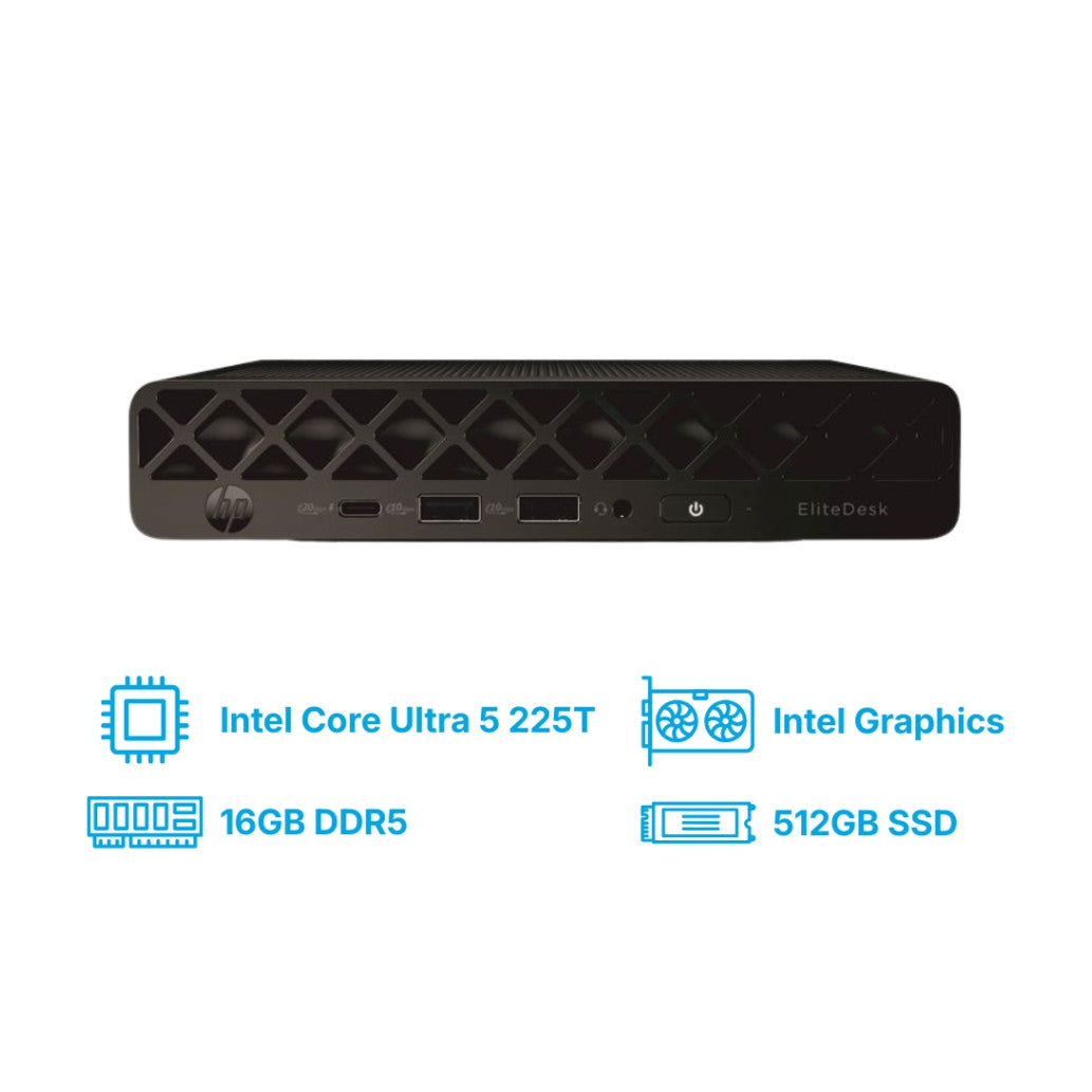 Računalnik HP Mini ProDesk 4 G1i AI PC Ultra 5-225T/Q870/16GB-DDR5/512GB/-/Intel grafika HDMI 2xDP USB-C/BT WiFi RJ45/90W-89%/DOS črna NP D3JV5ES#ABD