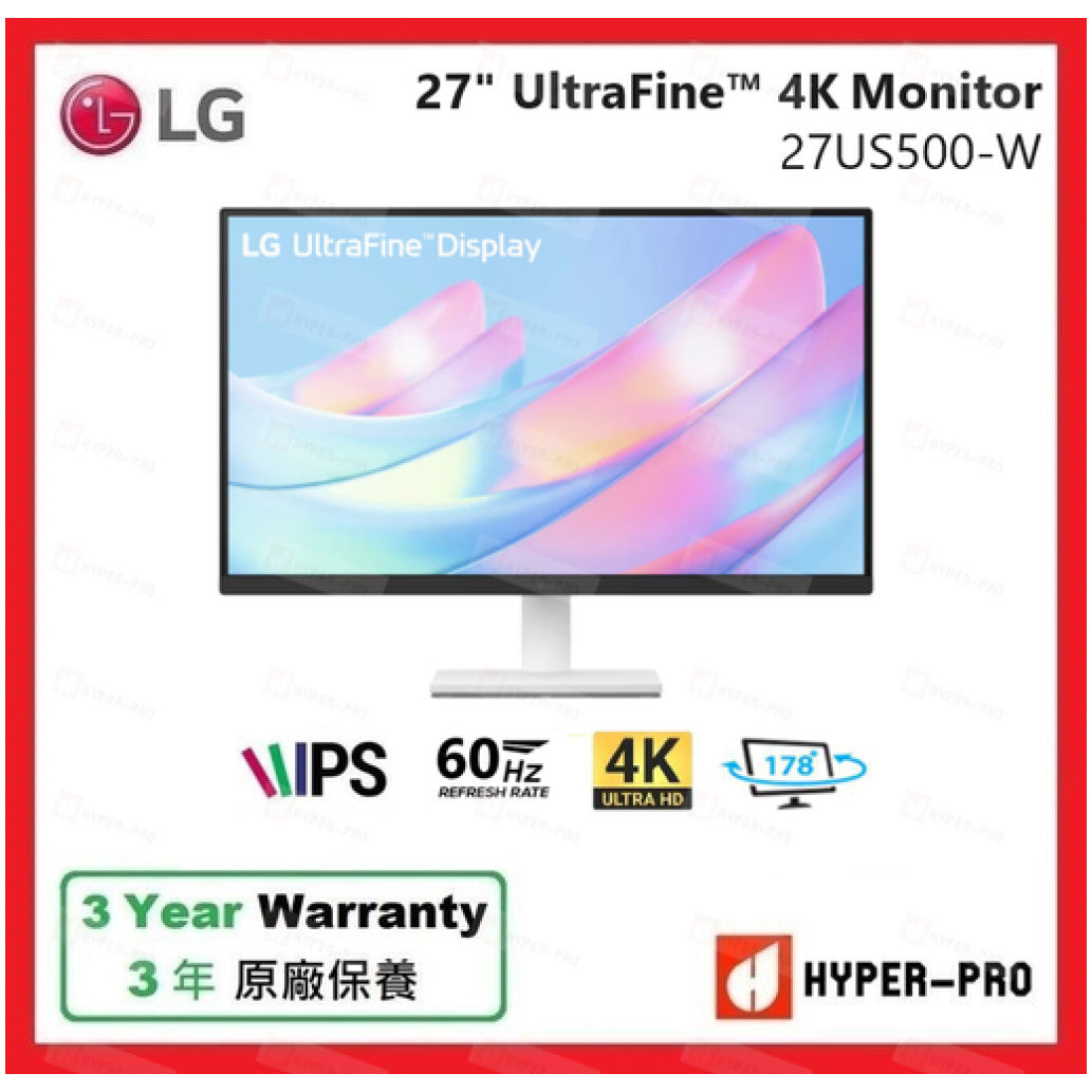 Monitor LG 68,6 cm (27,0") 27US500-W 3840x2160 IPS 5ms 2xHDMI DisplayPort  3H DCI-P3-90% FreeSync HDR10
