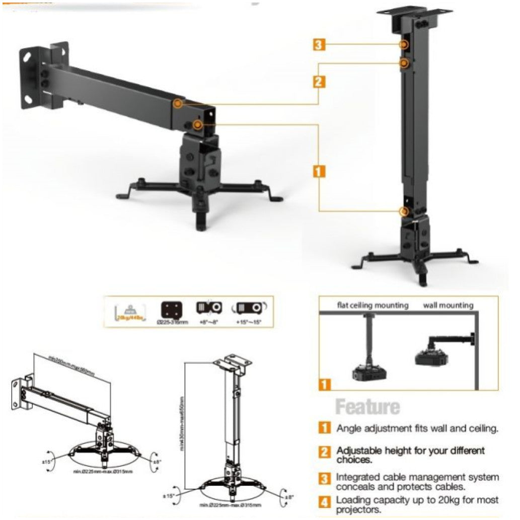 Nosilec stenski za projektor Equip, 20kg, 43-65 cm, naklon ±15 - črn
