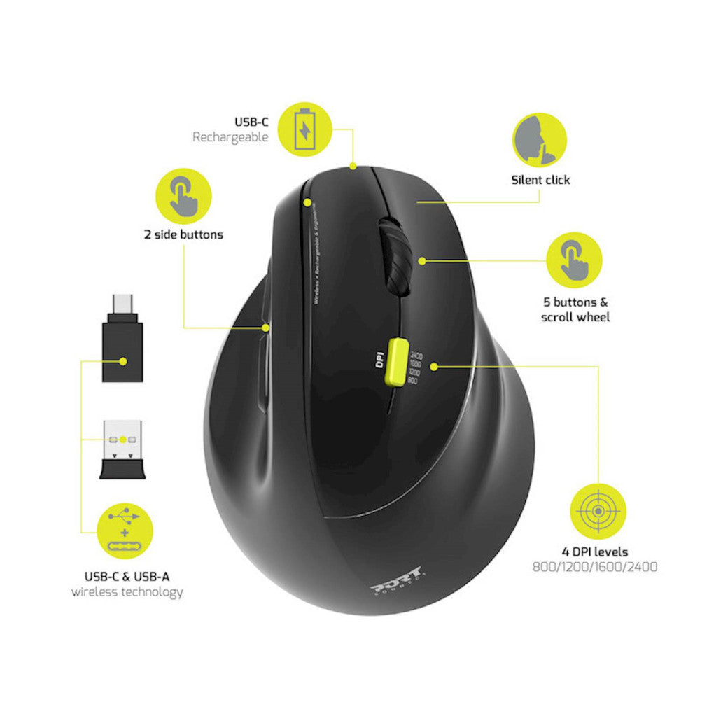 Miš brezžična + Bluetooth ergonomska Port Ergo 2400DPI za desničarje 5 gumbov črna (910007)