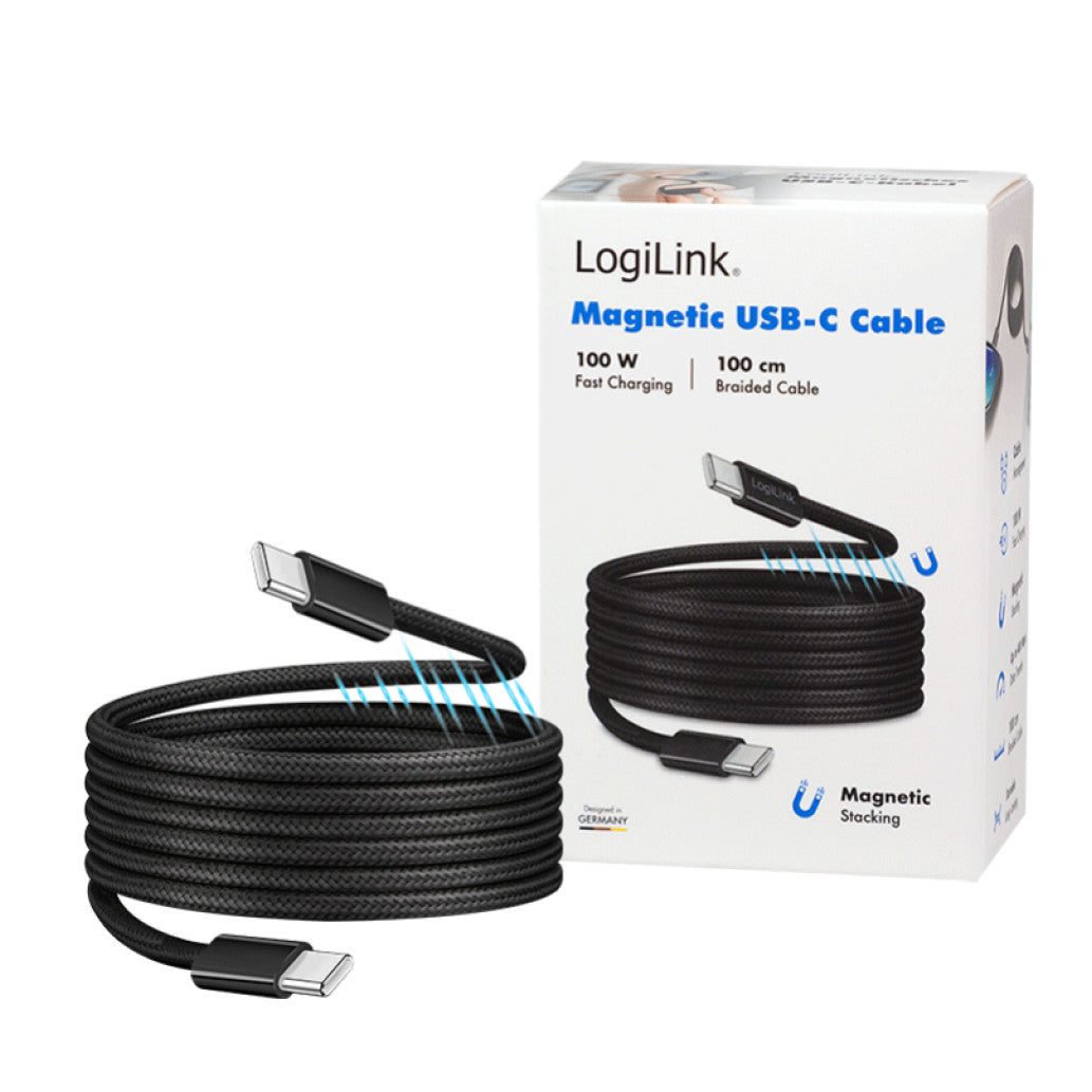 Kabel USB-C (m) => USB-C (m) 2.0 magnetni ovoj 1,0m 100W 5A/20V 480Mb/s PD3 črn LogiLink (CU0231)