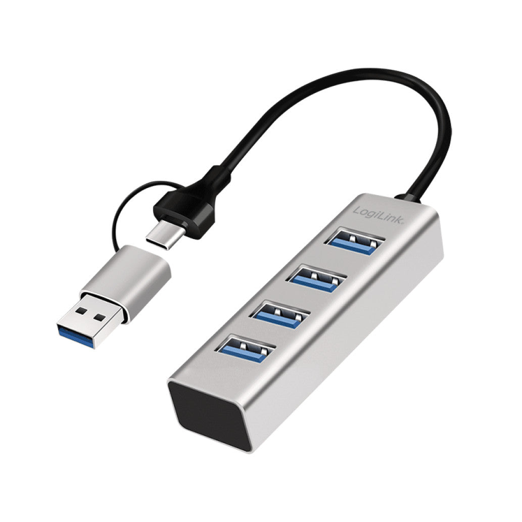 HUB USB-C/A => 4xUSB-A 5Gbps/s 3.0 5V/0,9A 4,5W 0,15m ALU LogiLink (UA0455)