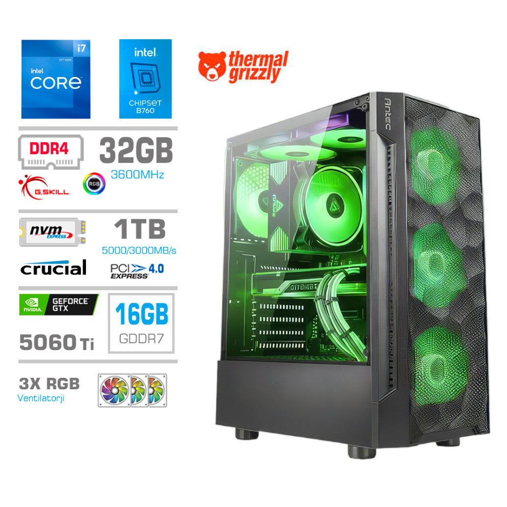 Računalnik MEGA MT S7 i7-12700KF/RTX5060Ti-16GB/32GB/1TB/750W/Brez OS RGB + Estetski napajalni kabli [Zelena / Črna]