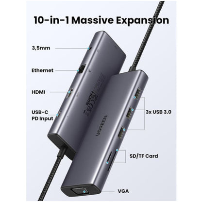 Priklopna postaja USB-C => Ugreen 3x USB 3.0 tip A 1x HDMI 4K@30Hz 1x VGA 1x RJ45 1x 3,5 1x USB-C PD 100W čitalec kartic (15601)