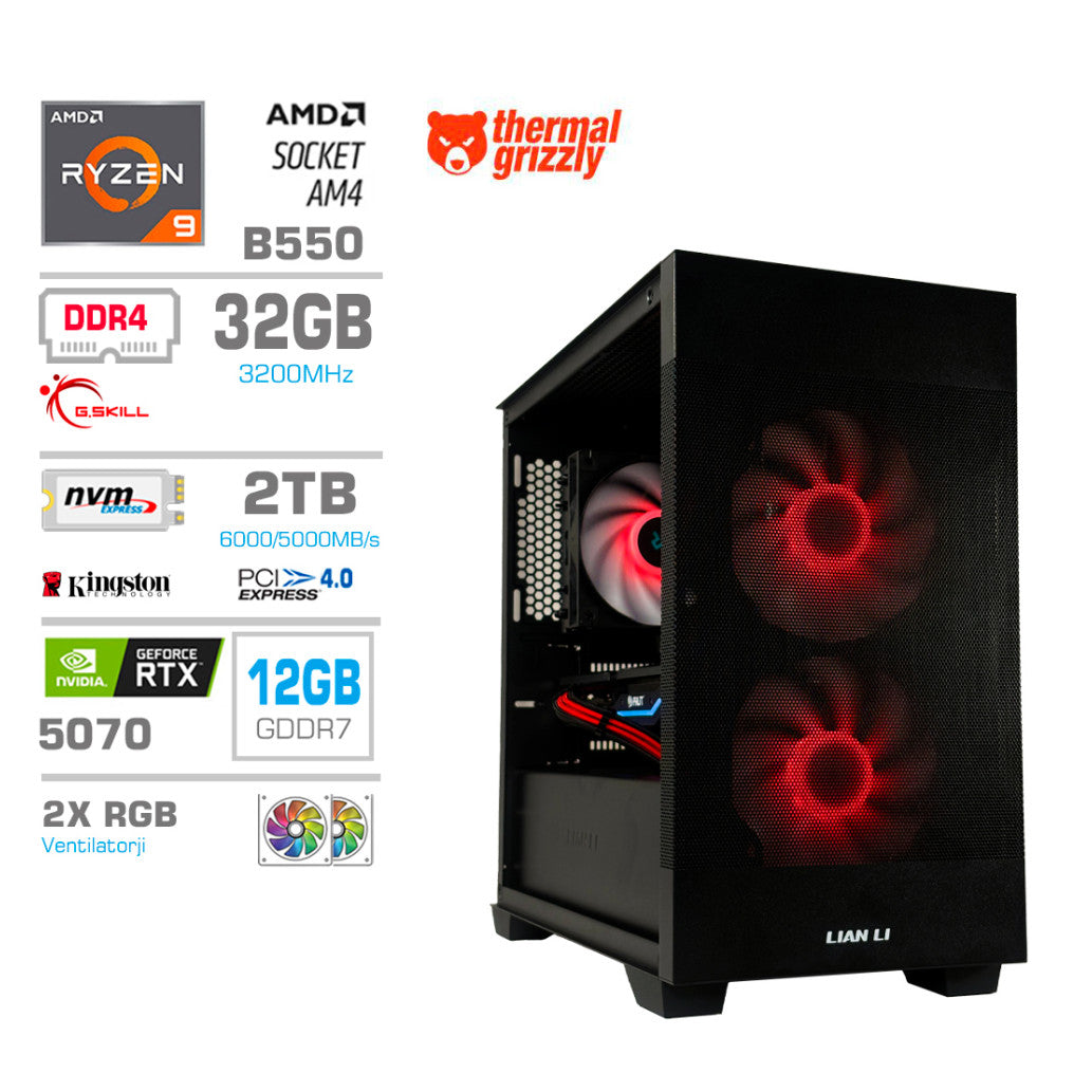 Računalnik MEGA MT S7X R9-5950X/RTX5070/32GB/2TB-4.0/750W/Brez OS/črna RGB + Estetski napajalni kabli [Rdeča / Črna]