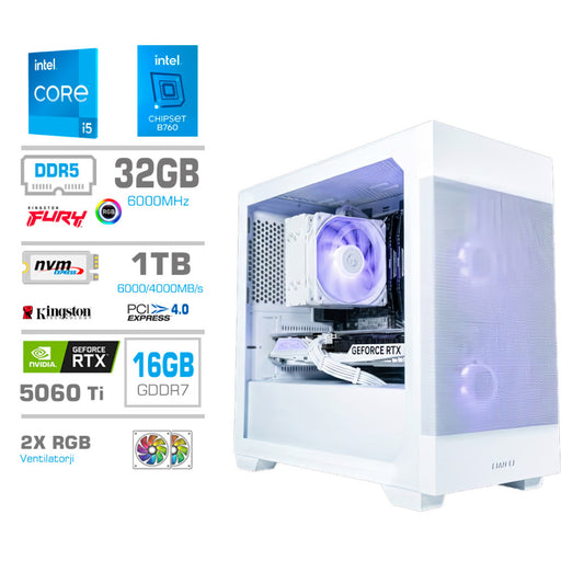 Računalnik MEGA MT S7X i5-14400F/RTX5060Ti-16GB/32GB-DDR5/1TB/750W/Brez OS/bela RGB + Estetski napajalni kabli [Vijolična/Bela]