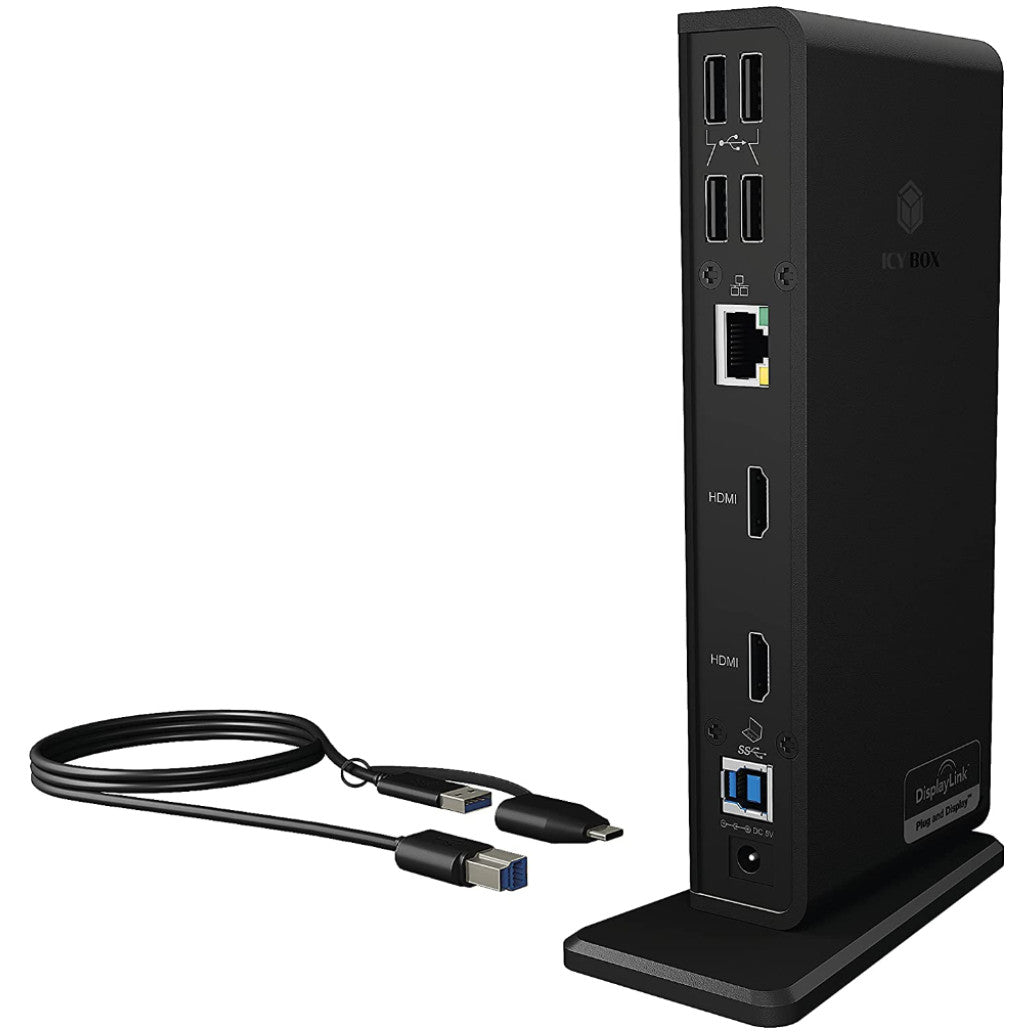 Priklopna postaja USB-C/A => 2x USB 3.0 tip A 4x USB 2.0 tip A 2x HDMI 1x RJ45 1x 3,5mm audio Icybox + napajlnik priložen (IB-DK2251AC)