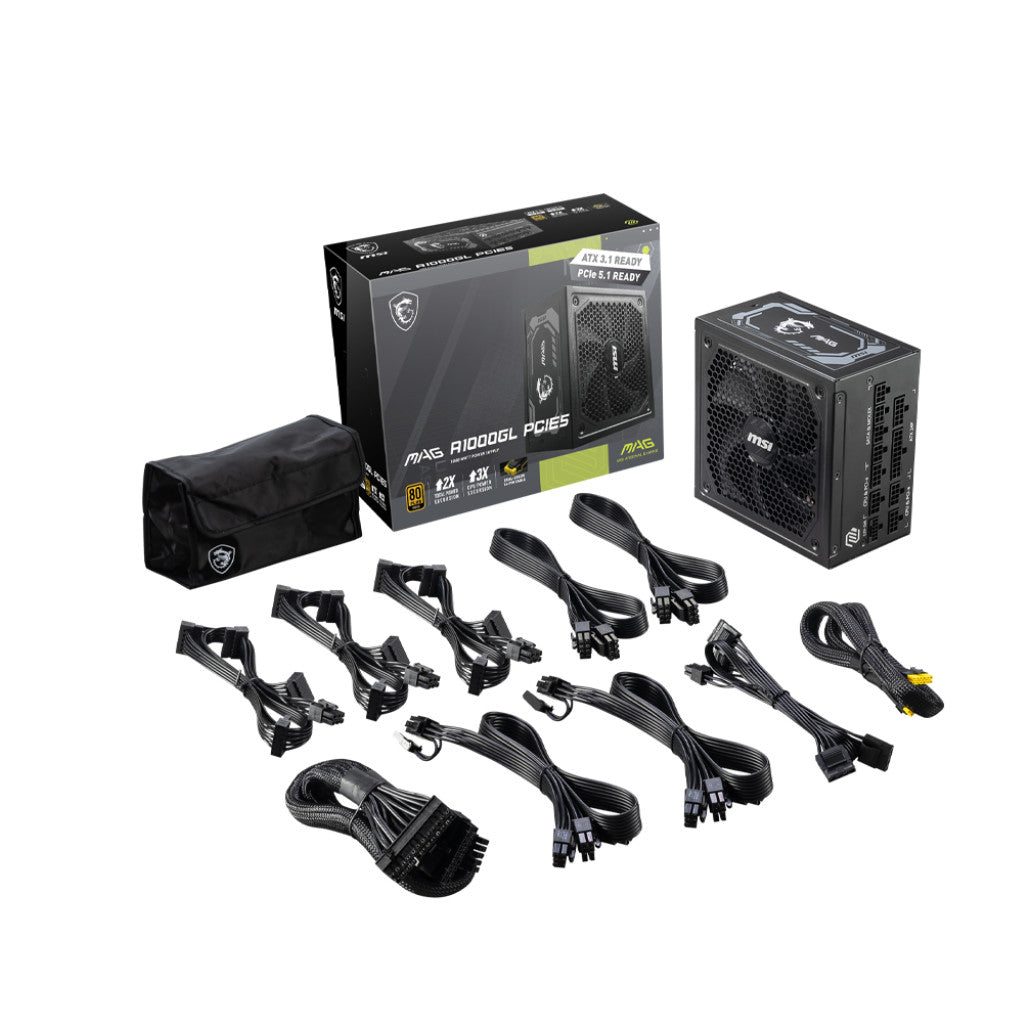 Napajalnik - 1000W MSI MAG A1000GL 80Plus Gold 90% ATX 3.1 (Gen5) Modular 135mm črna (306-7ZP9B11-CE0)