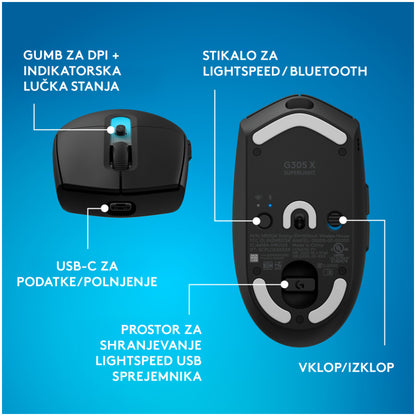 Gaming miška brezžična Logitech G305 X Superlight, črna (910-007739)