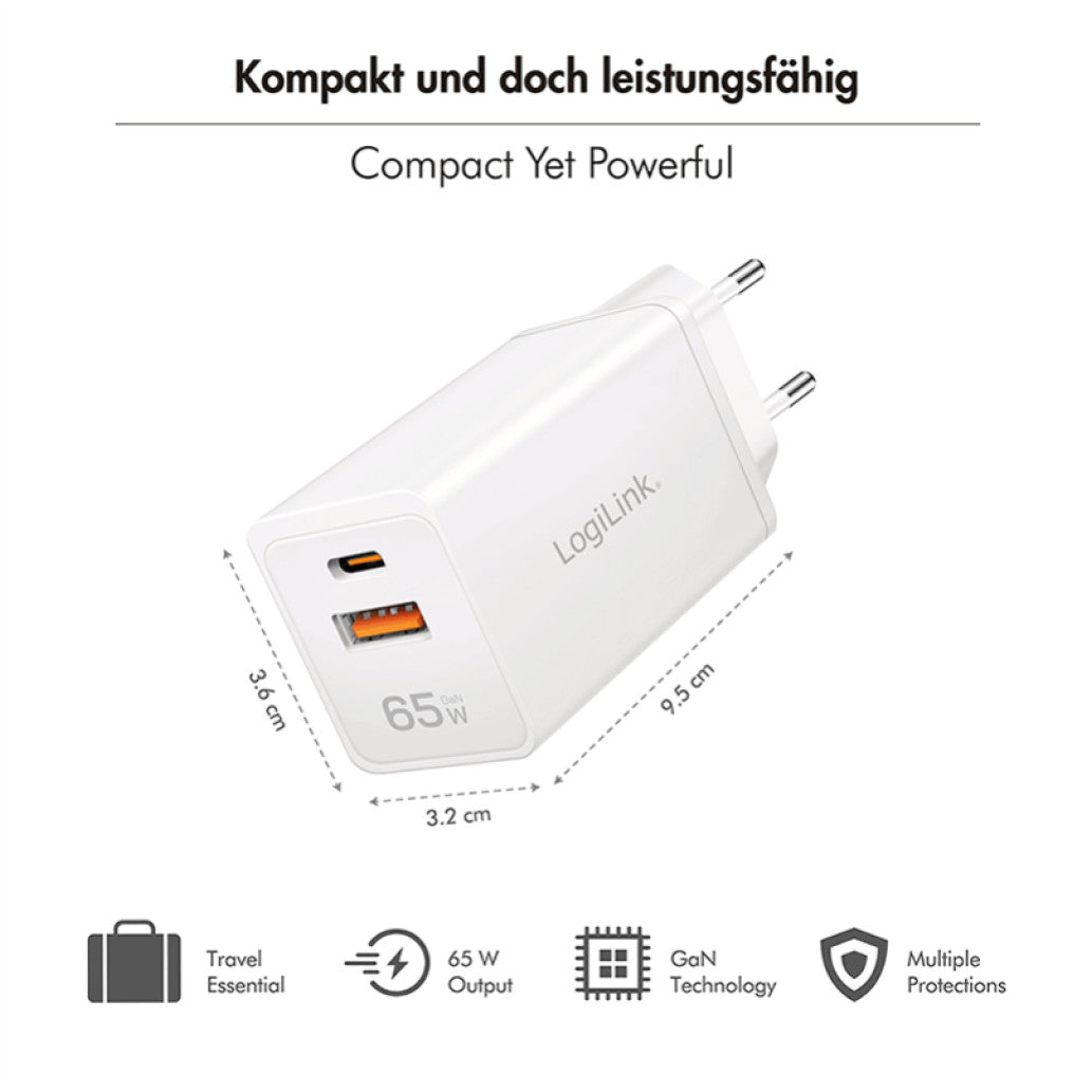 Hišni polnilec 100-240V => 1x USB-C (ž) 1x USB-A (ž) 65W GaN PD3 QC4 LogiLink (PA0371)