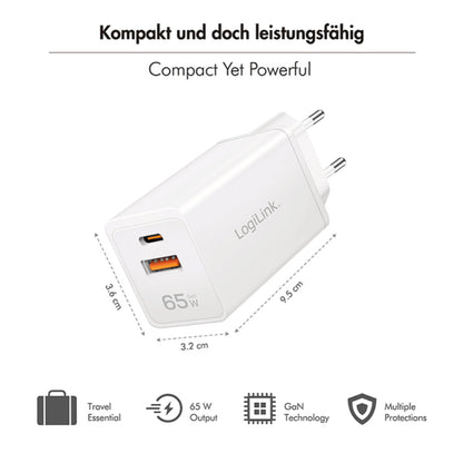 Hišni polnilec 100-240V => 1x USB-C (ž) 1x USB-A (ž) 65W GaN PD3 QC4 LogiLink (PA0371)