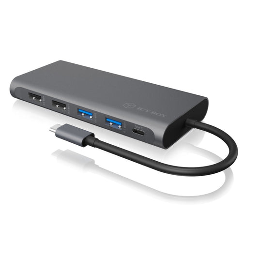 Priklopna postaja USB-C => Icy Box 2xHDMI DisplayPort 2xUSB2.0 USB-C 100W RJ45 čitalec kartic SD/microSD (IB-DK4050-CPD)