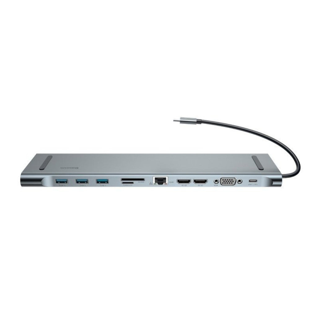 Priklopna postaja USB-C => 3x USB 3.0 tip A USB-C PD 60W 2x HDMI VGA microSD/SD/MMC RJ45 AUX Baseus Enjoyment Series srebrn (CATSX-G0G)