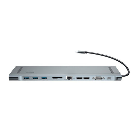 Priklopna postaja USB-C => 3x USB 3.0 tip A USB-C PD 60W 2x HDMI VGA microSD/SD/MMC RJ45 AUX Baseus Enjoyment Series srebrn (CATSX-G0G)