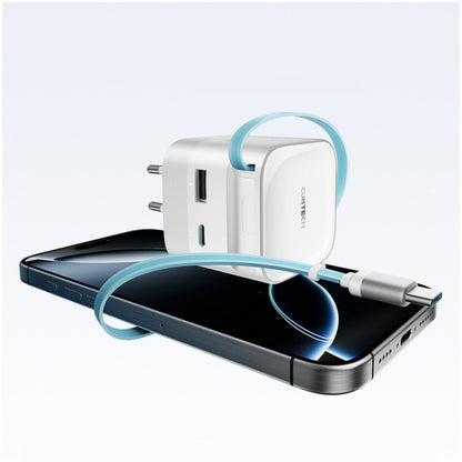 Hišni polnilec 100-240V => 1x USB-C 1x USB-A AD653W 67W GaN z izvlečnim 70cm USB-C kablom Cektech bel (AD653W)