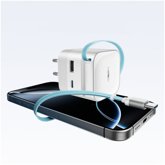 Hišni polnilec 100-240V => 1x USB-C 1x USB-A AD653W 67W GaN z izvlečnim 70cm USB-C kablom Cektech bel (AD653W)