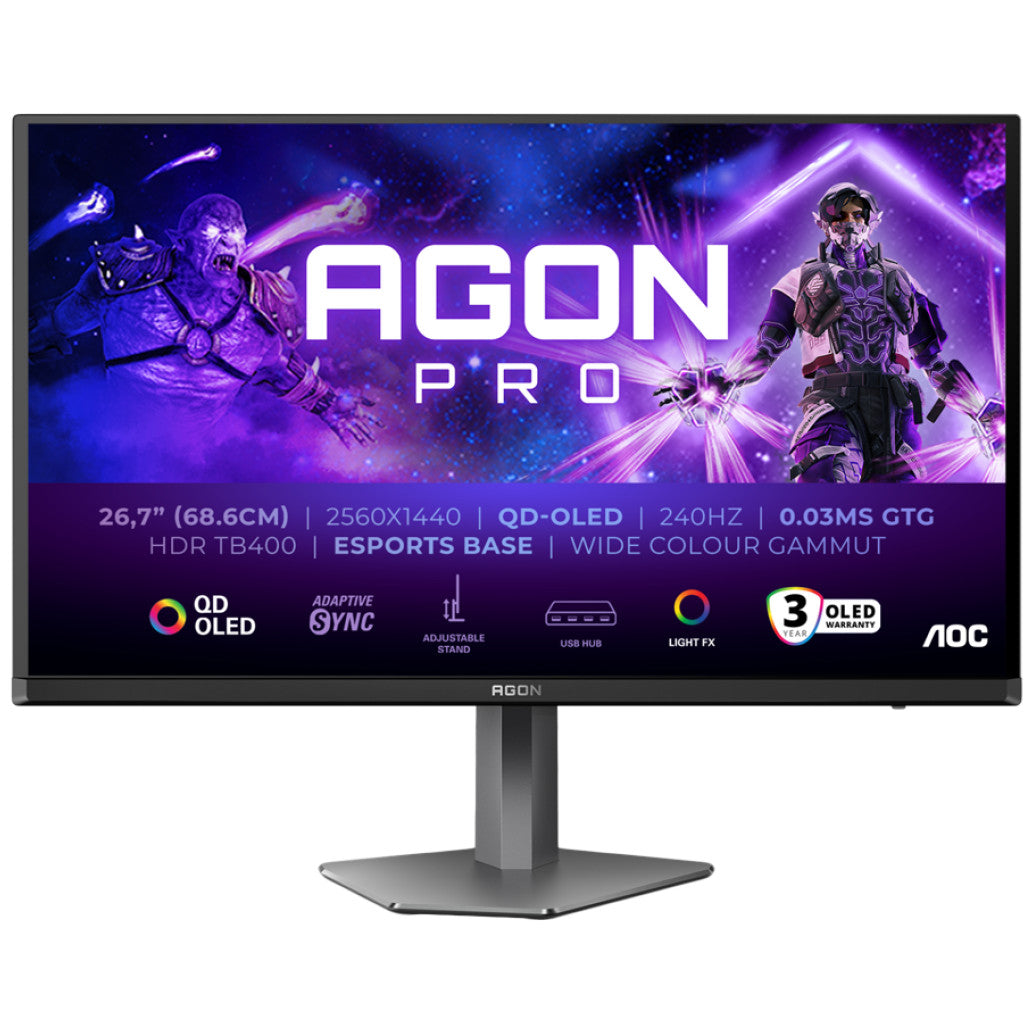 Monitor AOC 68,6 cm (27,0") AG276QZD2 2560x1440 Gaming 280Hz OLED 0,03ms 2xHDMI 2xDisplayPort 2xUSB3.2 Pivot Zvočniki 2x5W  2H DCI-P3-99% AdaptiveSync G-Sync Compatible HDR400 AgonPro