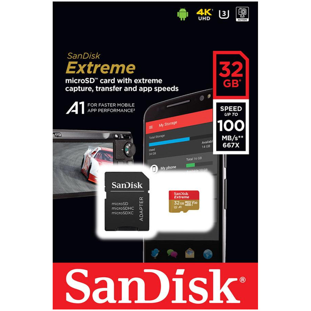 Spominska kartica microSDXC 32GB Sandisk 100MB/s/60MB/s U3 V30 UHS-I A1 +adapter Branje do 190MB/s pisanje do 130MB/s SanDisk QuickFlow (SDSQXAF-032G-GN6MA)