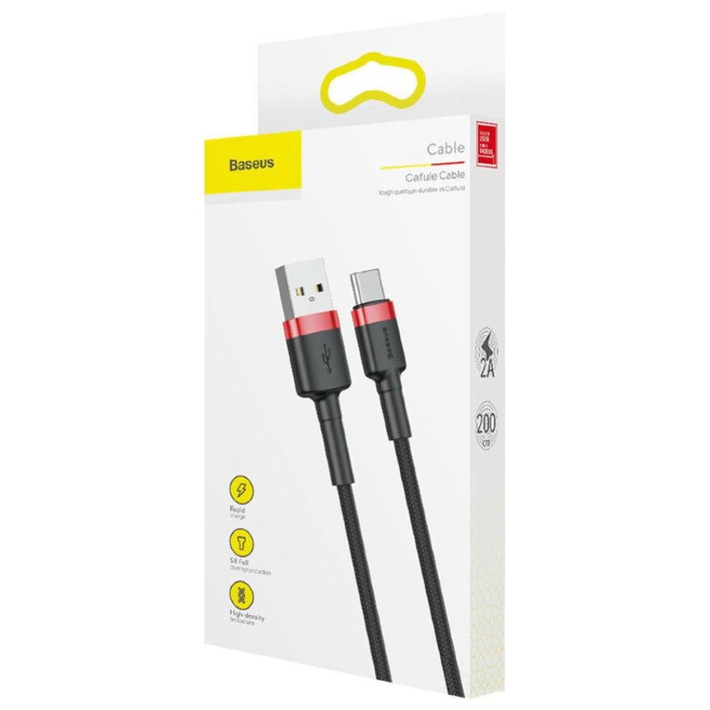 Kabel USB-C => USB-A 2.0 tekstil ovoj 2,00m 5V/2A QC3 Baseus črn/rdeč (CATKLF-C91)
