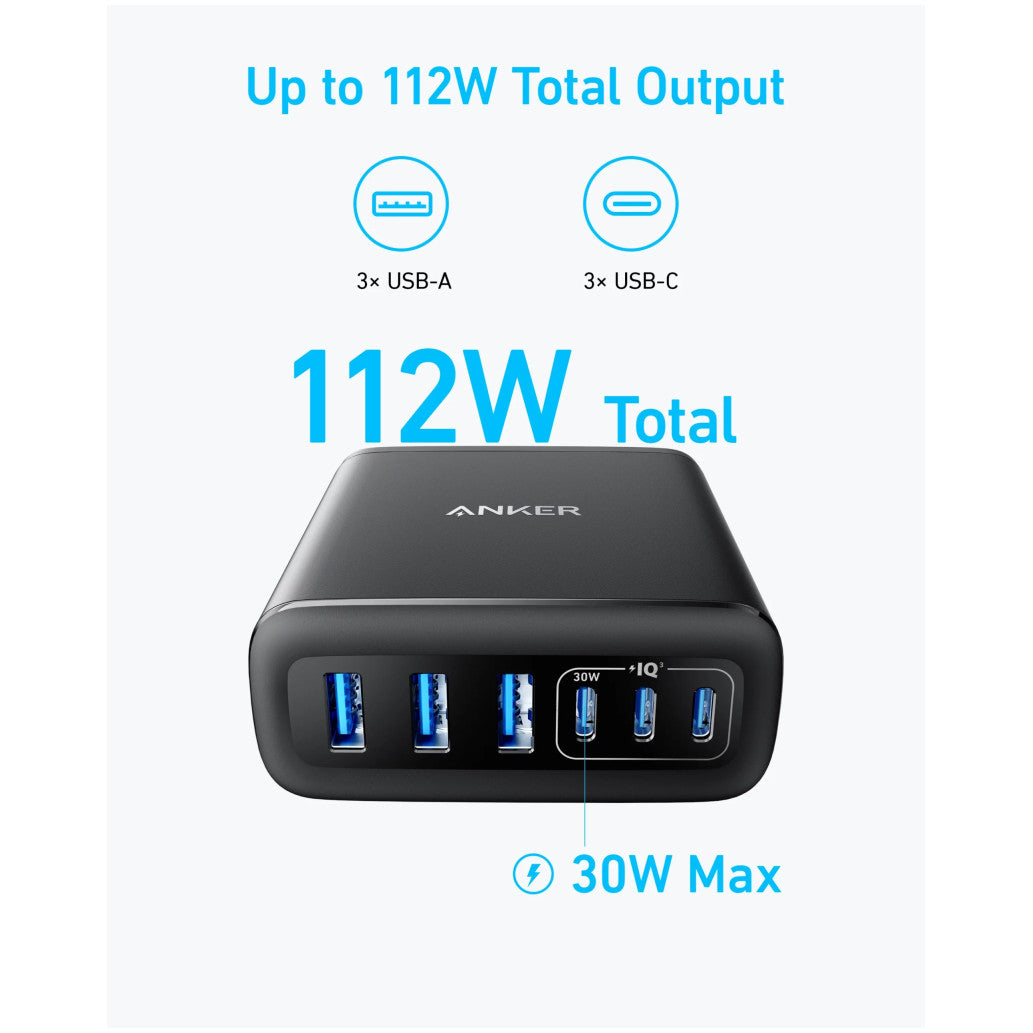 Hišni polnilec 100-240V => 3xUSB-C 3xUSB-A 112W Anker GaN 6-port črn (A2154G11)