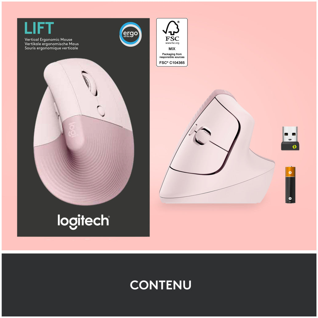 Miš brezžična + Bluetooth Logitech Lift Vertical za desničarje 4000DPI ergonomična roza (910-006478)